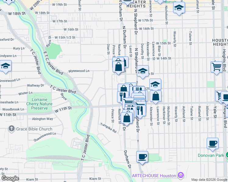 map of restaurants, bars, coffee shops, grocery stores, and more near 1127 Prince Street in Houston