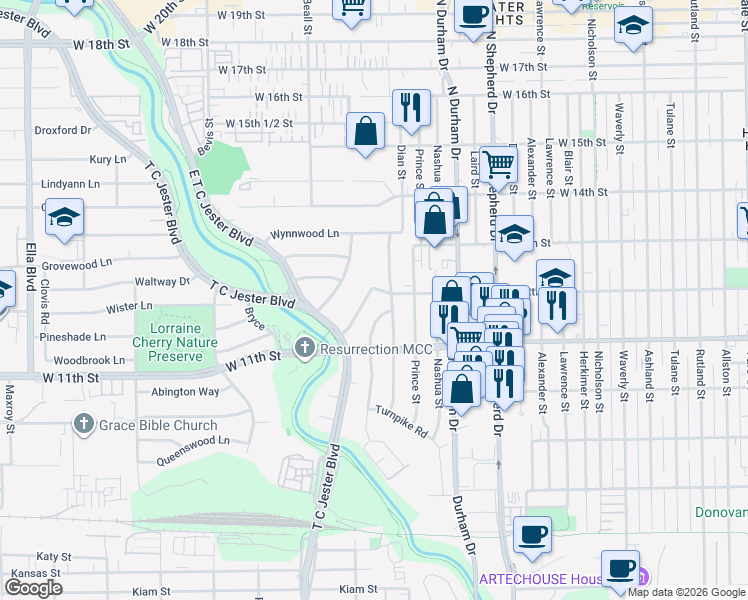 map of restaurants, bars, coffee shops, grocery stores, and more near 1127 Worthshire Street in Houston