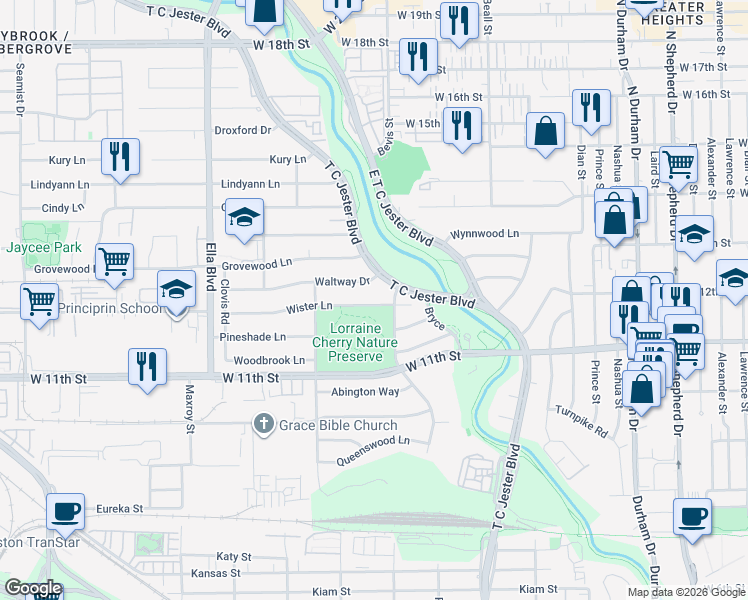map of restaurants, bars, coffee shops, grocery stores, and more near 6015 Wister Court in Houston
