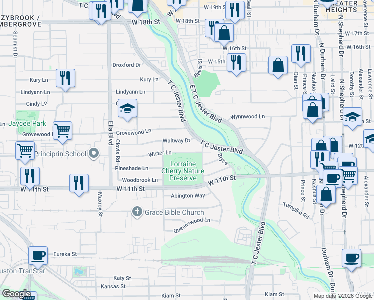 map of restaurants, bars, coffee shops, grocery stores, and more near 6210 Wister Lane in Houston