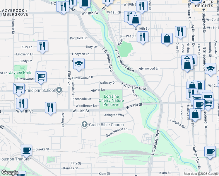map of restaurants, bars, coffee shops, grocery stores, and more near 6210 Wister Lane in Houston