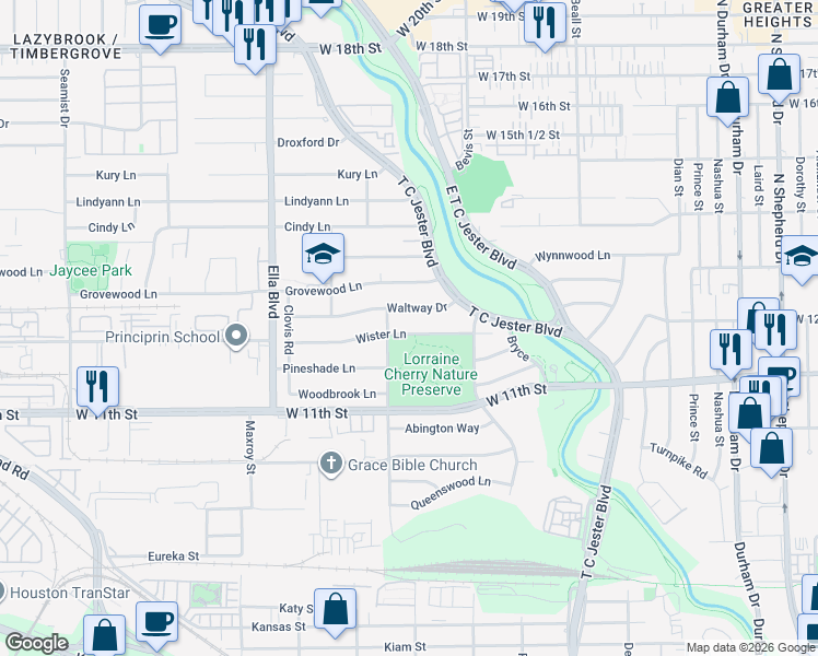 map of restaurants, bars, coffee shops, grocery stores, and more near 6210 Wister Lane in Houston