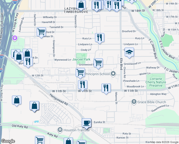map of restaurants, bars, coffee shops, grocery stores, and more near 3483 West 12th Street in Houston