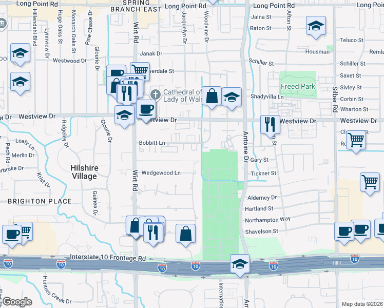 map of restaurants, bars, coffee shops, grocery stores, and more near 1306 Danbury Road in Houston