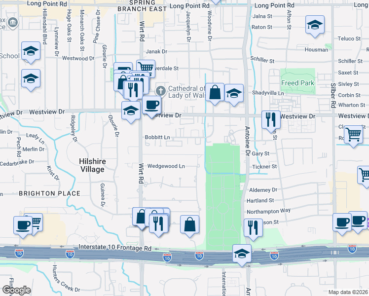 map of restaurants, bars, coffee shops, grocery stores, and more near 7619 Brykerwoods Drive in Houston