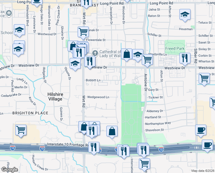 map of restaurants, bars, coffee shops, grocery stores, and more near 7619 Brykerwoods Drive in Houston