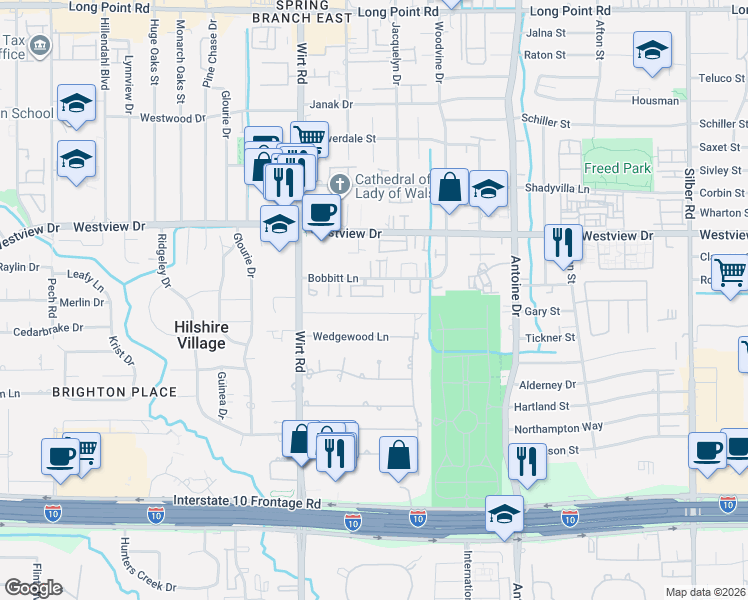 map of restaurants, bars, coffee shops, grocery stores, and more near 7619 Brykerwoods Drive in Houston