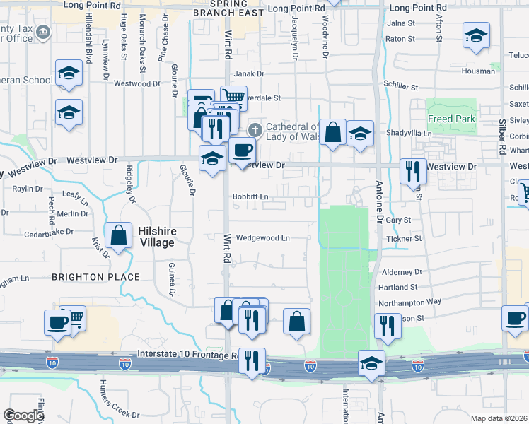 map of restaurants, bars, coffee shops, grocery stores, and more near 7723 Brykerwoods Drive in Houston