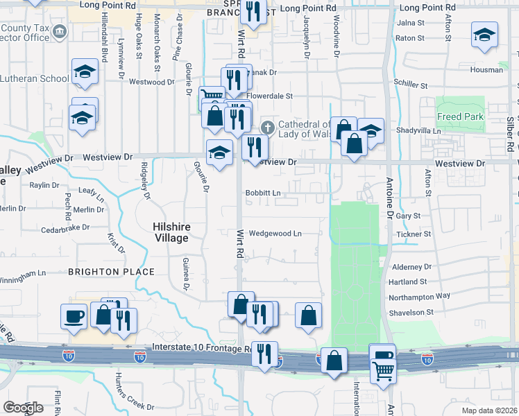 map of restaurants, bars, coffee shops, grocery stores, and more near 7823 Brykerwoods Drive in Houston