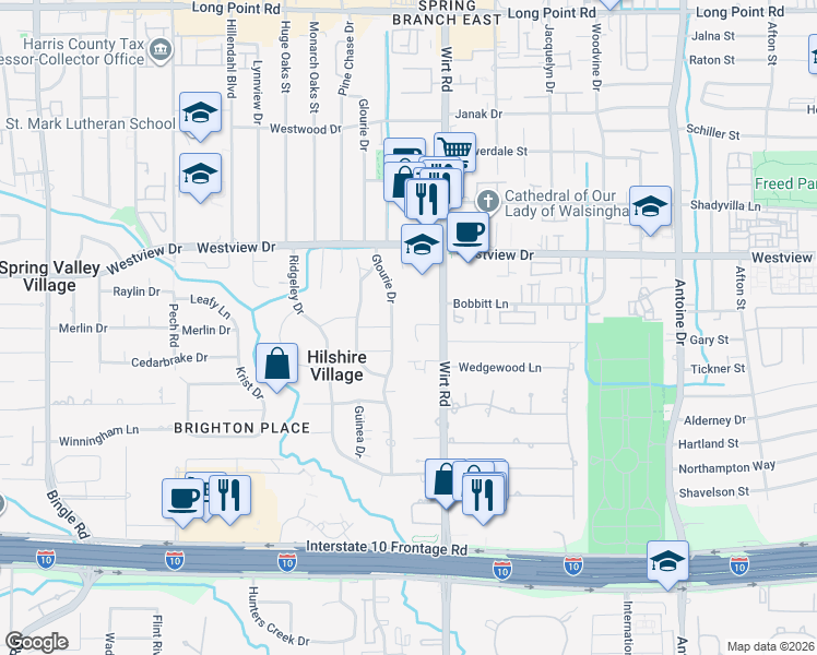 map of restaurants, bars, coffee shops, grocery stores, and more near 8000 Anadell Street in Houston