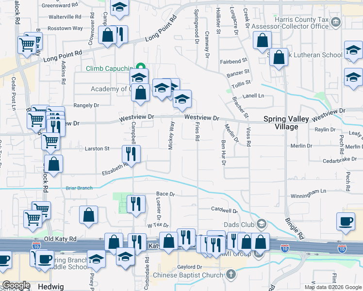 map of restaurants, bars, coffee shops, grocery stores, and more near 9 Inverness Park Circle in Houston