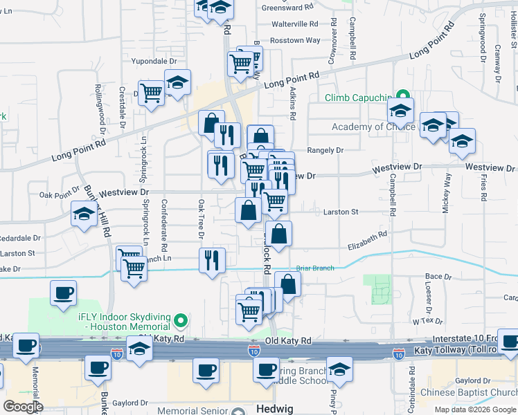 map of restaurants, bars, coffee shops, grocery stores, and more near 1260 Blalock Road in Houston