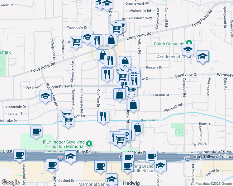 map of restaurants, bars, coffee shops, grocery stores, and more near 1250 Cedar Post Lane in Houston