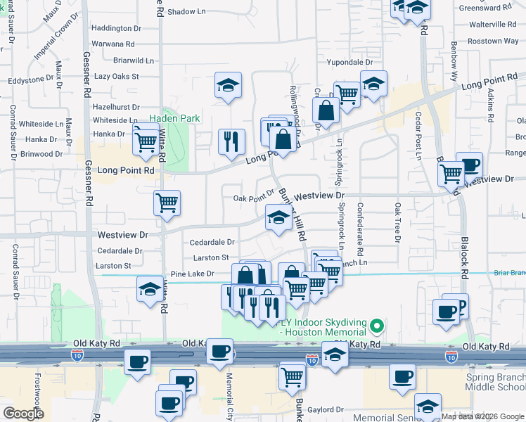 map of restaurants, bars, coffee shops, grocery stores, and more near 9762 Cedardale Dr in Houston