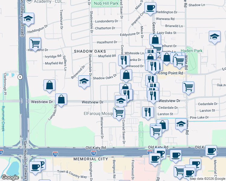 map of restaurants, bars, coffee shops, grocery stores, and more near 1212 Murrayhill Drive in Houston