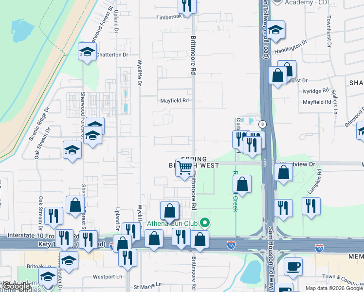 map of restaurants, bars, coffee shops, grocery stores, and more near 1187 Brittmoore Road in Houston