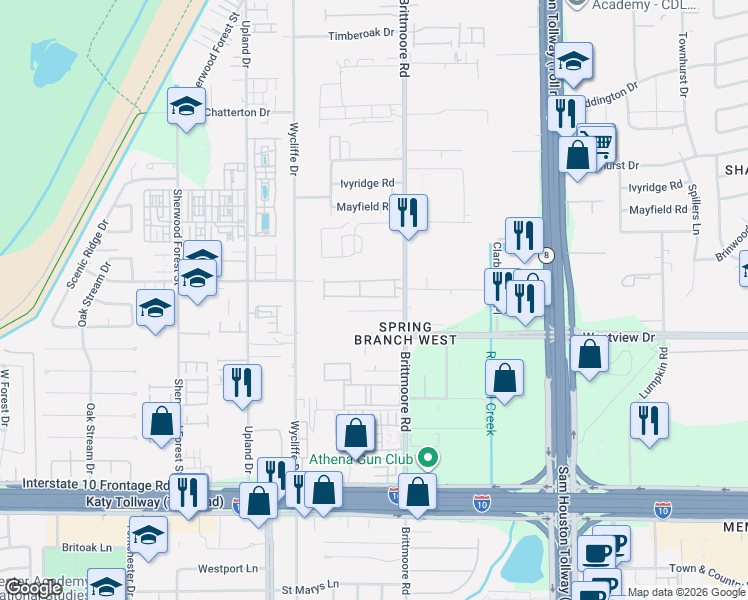 map of restaurants, bars, coffee shops, grocery stores, and more near 1187 Brittmoore Road in Houston