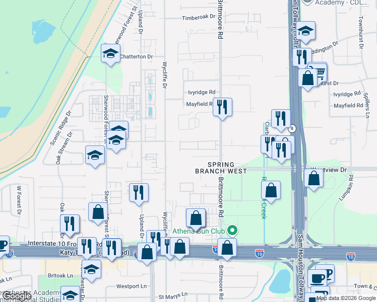 map of restaurants, bars, coffee shops, grocery stores, and more near 1183 Brittmoore Road in Houston
