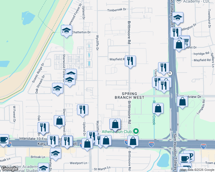 map of restaurants, bars, coffee shops, grocery stores, and more near 1183 Brittmoore Road in Houston