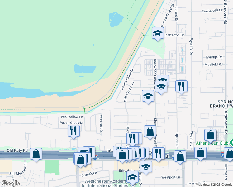 map of restaurants, bars, coffee shops, grocery stores, and more near 1414 Scenic Ridge Drive in Houston
