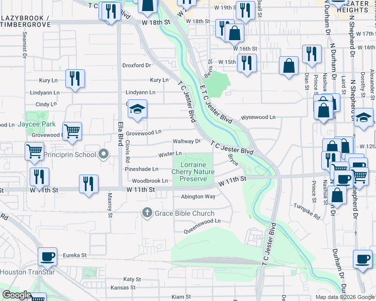 map of restaurants, bars, coffee shops, grocery stores, and more near 6210 Wister Lane in Houston