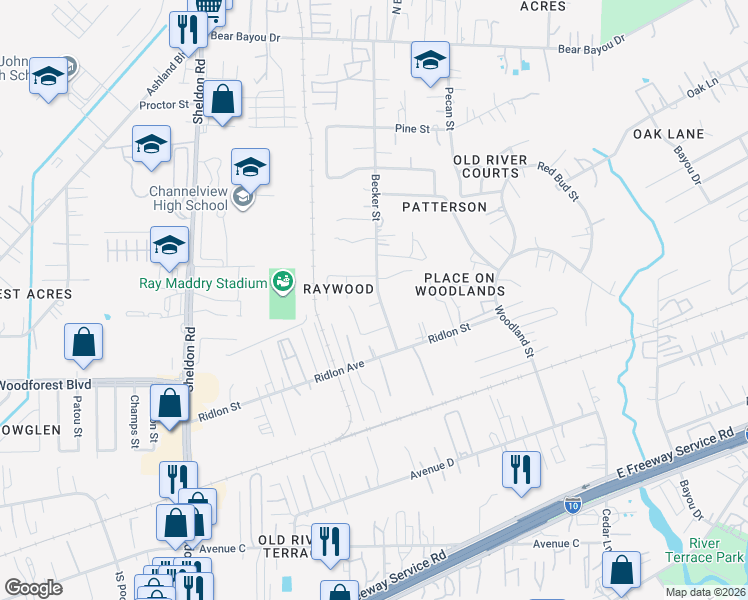 map of restaurants, bars, coffee shops, grocery stores, and more near 823 Becker Street in Channelview