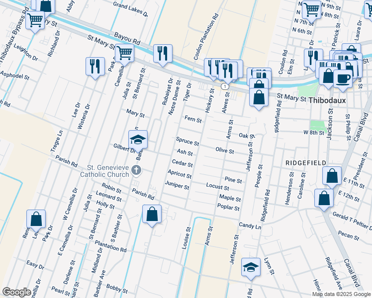 map of restaurants, bars, coffee shops, grocery stores, and more near 111 Cedar Street in Thibodaux