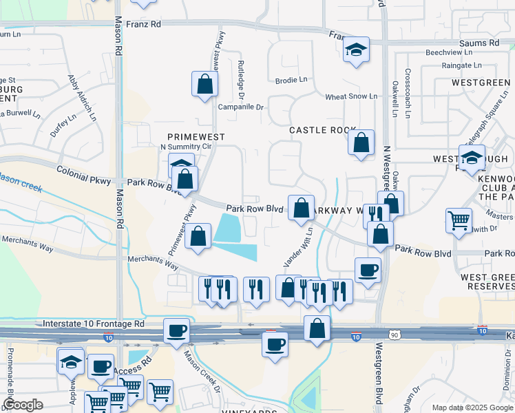 map of restaurants, bars, coffee shops, grocery stores, and more near 21000 Park Row Drive in Park Row