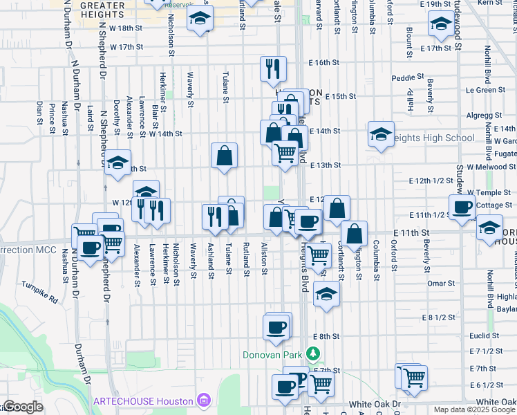 map of restaurants, bars, coffee shops, grocery stores, and more near 1136 Allston Street in Houston