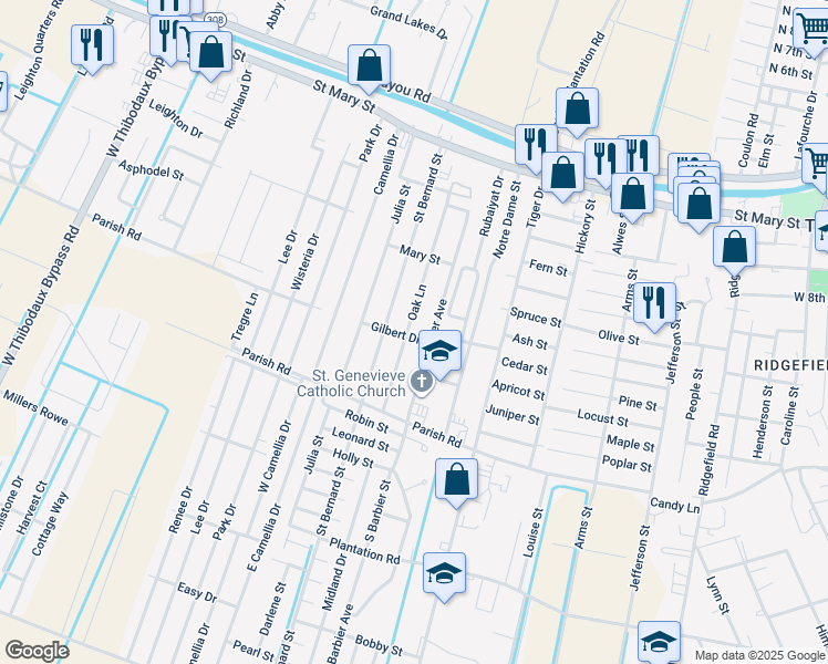map of restaurants, bars, coffee shops, grocery stores, and more near 801 Oak Lane in Thibodaux