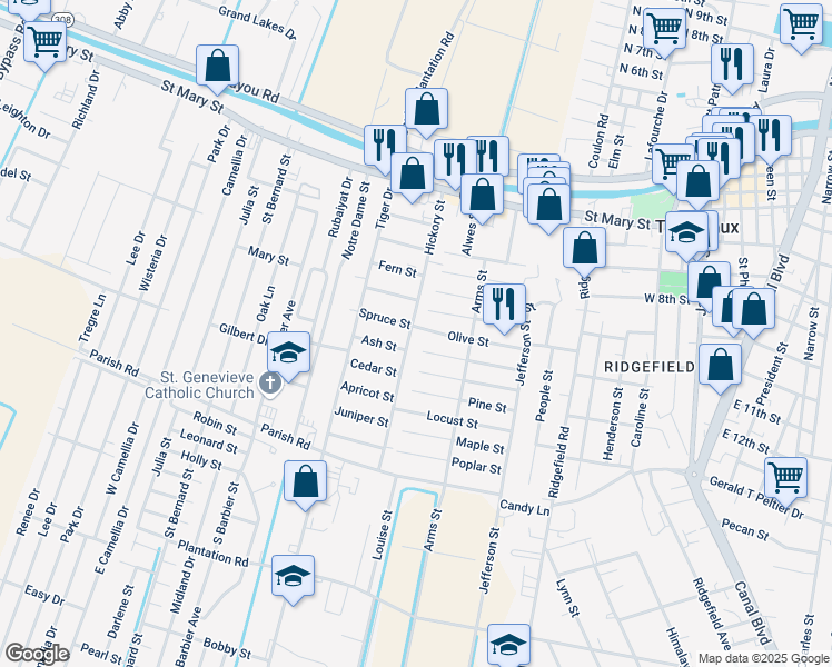 map of restaurants, bars, coffee shops, grocery stores, and more near 703-777 Hickory St in Thibodaux