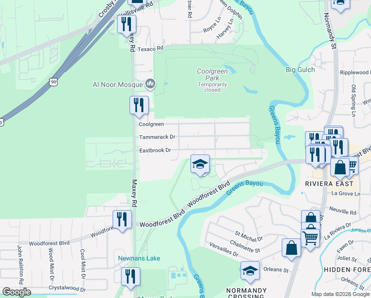 map of restaurants, bars, coffee shops, grocery stores, and more near 12714 Eastbrook Drive in Houston