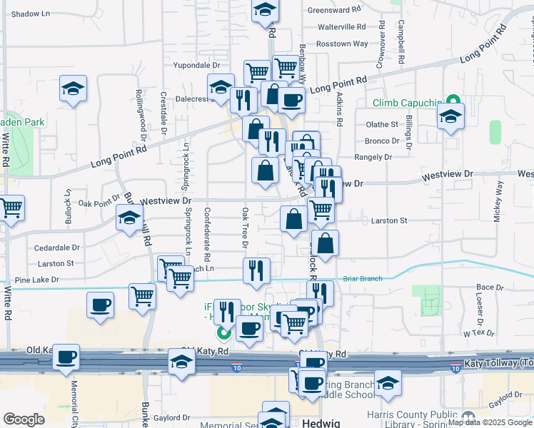 map of restaurants, bars, coffee shops, grocery stores, and more near 9516 Cedarpost Square Street in Houston