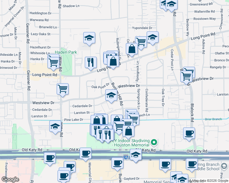 map of restaurants, bars, coffee shops, grocery stores, and more near 9745 Cedardale Drive in Houston