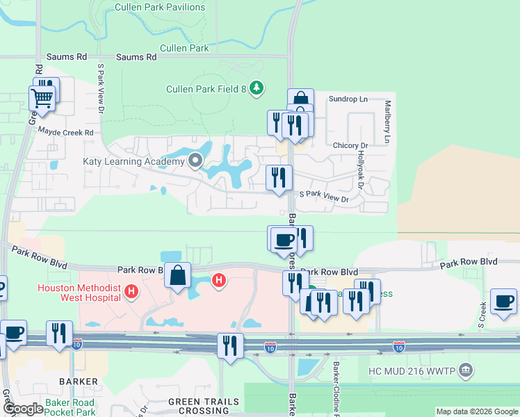 map of restaurants, bars, coffee shops, grocery stores, and more near 18003 Pelican Way Road in Houston