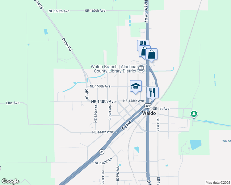 map of restaurants, bars, coffee shops, grocery stores, and more near 39-99 Northeast 142nd Street in Waldo