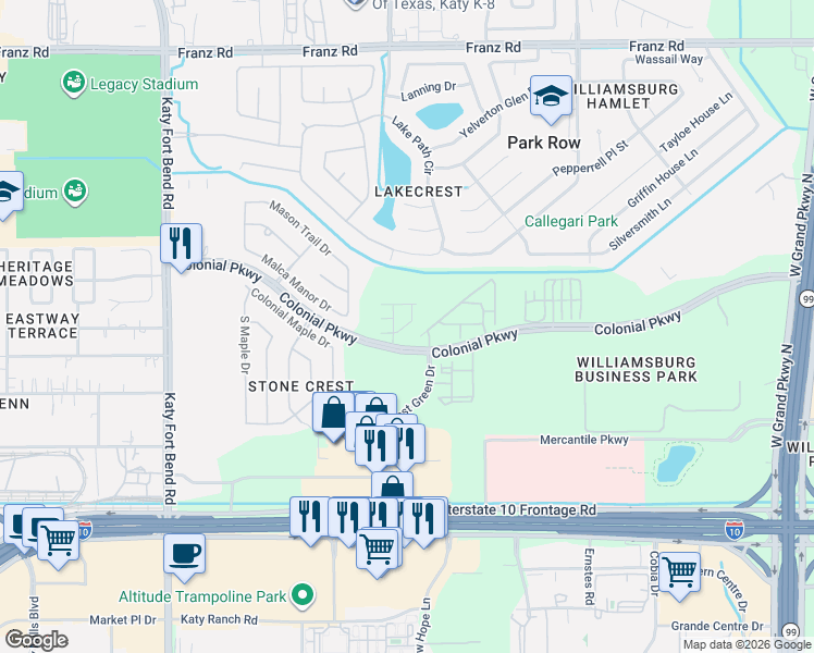 map of restaurants, bars, coffee shops, grocery stores, and more near 23806 Colonial Pkwy in Katy