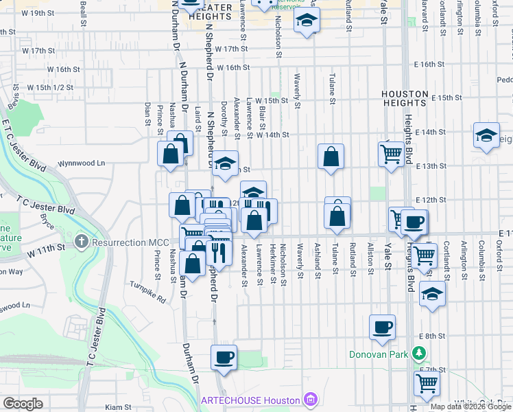 map of restaurants, bars, coffee shops, grocery stores, and more near 1125 Lawrence Street in Houston