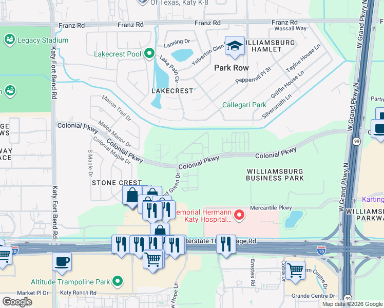 map of restaurants, bars, coffee shops, grocery stores, and more near 24002 Colonial Parkway in Katy