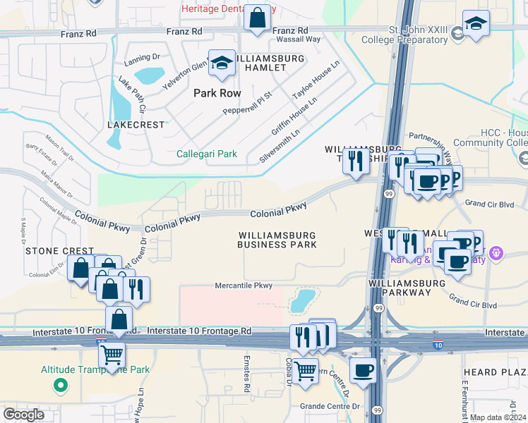 map of restaurants, bars, coffee shops, grocery stores, and more near 22535 Colonial Parkway in Katy