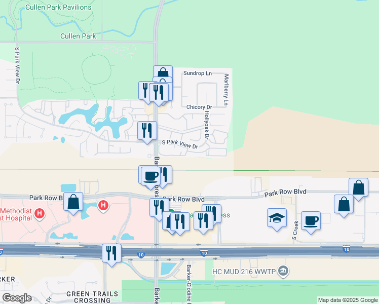 map of restaurants, bars, coffee shops, grocery stores, and more near 1800 Barker Cypress Road in Houston