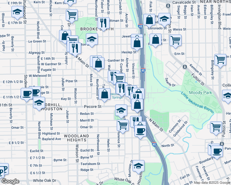 map of restaurants, bars, coffee shops, grocery stores, and more near 3933 North Main Street in Houston