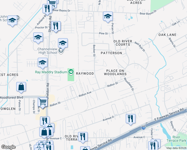map of restaurants, bars, coffee shops, grocery stores, and more near 908 Becker Street in Channelview