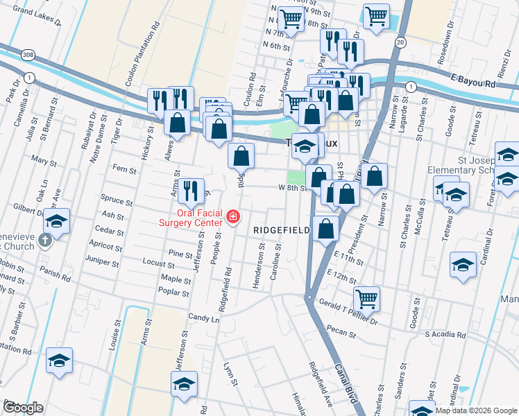 map of restaurants, bars, coffee shops, grocery stores, and more near 807 Ridgefield Road in Thibodaux