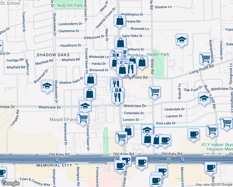 map of restaurants, bars, coffee shops, grocery stores, and more near 10144 Beekman Place Drive in Houston