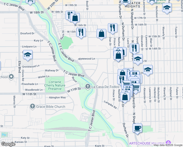 map of restaurants, bars, coffee shops, grocery stores, and more near 1027 Waltway Drive in Houston