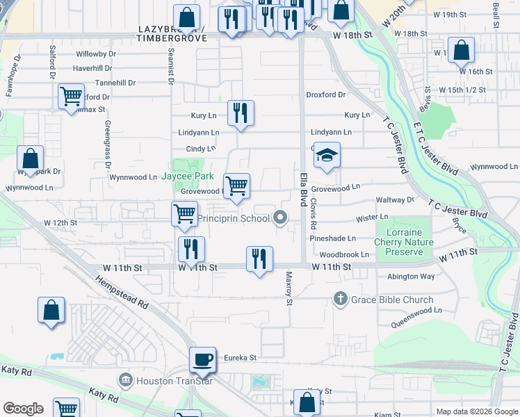 map of restaurants, bars, coffee shops, grocery stores, and more near 6555 Grovewood Lane in Houston
