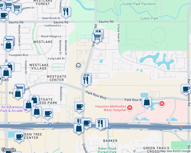 map of restaurants, bars, coffee shops, grocery stores, and more near 2040 Greenhouse Road in Houston