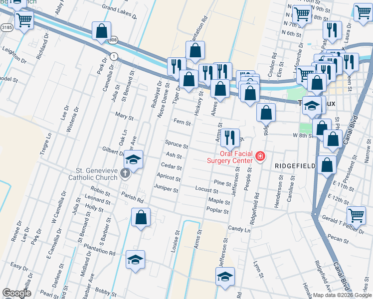 map of restaurants, bars, coffee shops, grocery stores, and more near 100 Hackberry Street in Thibodaux