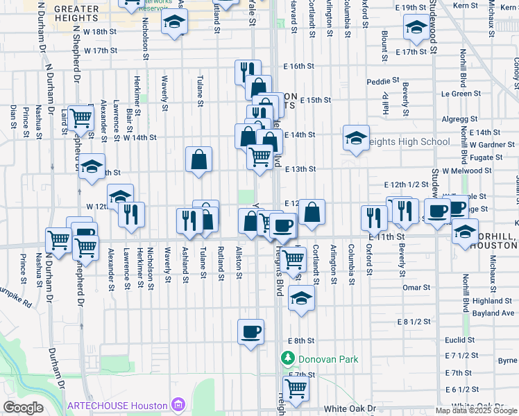 map of restaurants, bars, coffee shops, grocery stores, and more near in Houston